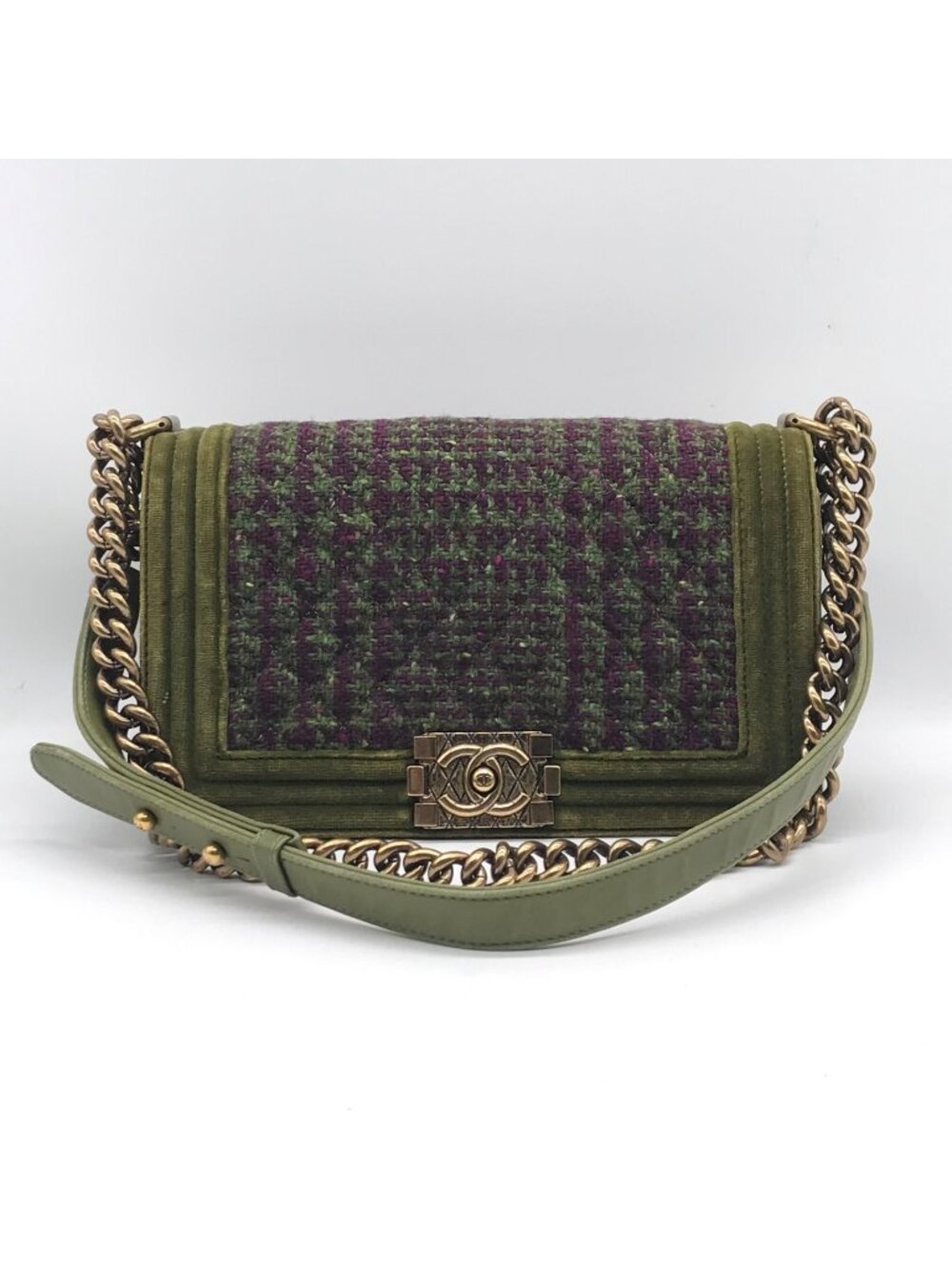 Chanel Boy Velvet Tweed Chain Shoulder Bag Green Purple